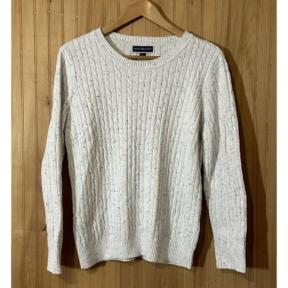 Karen Scott Women's Size Large Cable-knit Sweater In White Speckle